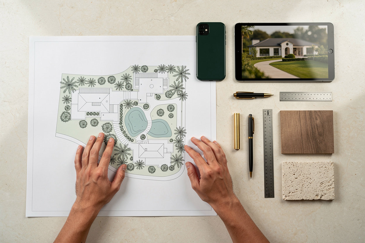 المهندس رياض تصوير سينمائي لمزرعة فاخرة في المدينة المنورة مع عرض المخططات الهندسية والخامات الطبيعية