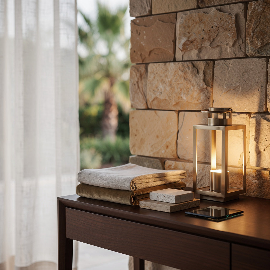 المهندس رياض في المدينة المنورة، خامات فاخرة من الحجر الطبيعي والخشب وإضاءة دافئة تبرز التصميم الداخلي للمزرعة الفاخرة
